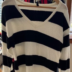 Divided Black and White Striped V-Neck Sweater